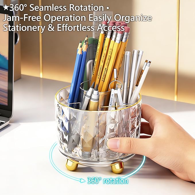 GOTOBA 360° Rotating Pencil Holder for Desk, Makeup Brush Holder with 6 Slots, Desk Organizer for Writing Utensil, Office and School Supplies (Transparent)