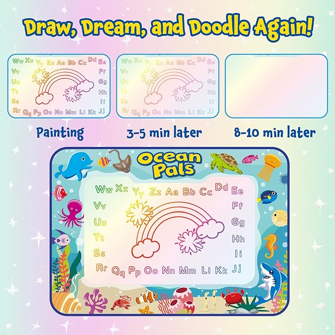 ANIMOLDS Water Doodle Mat 40″ × 32″ – Aqua Magic Drawing Board for Toddlers & Kids | Alphabet Safari Theme Educational Art Play Mat | Reusable, Mess-Free Water Painting Toy