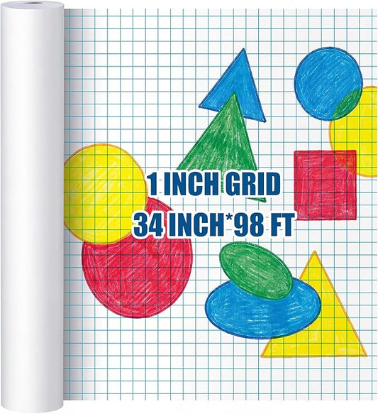 Jetec 1 Roll Large Grid Graph Paper Roll 1'' Grid 33.9 Inch x 98ft Sewing Pattern Paper for Back to School Classroom Teaching Drafting Supplies Kids Students Gifts