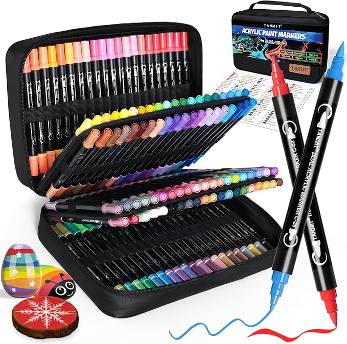 TANMIT 124 Colors Dual Tip Acrylic Paint Markers, Paint Pens Set with Brush Tip and Fine Tip For Fabric, Rock, Wood, Glass, Eggs, Scrapbook, DIY Crafts Making Art Supplies - Teacher Appreciation Gift