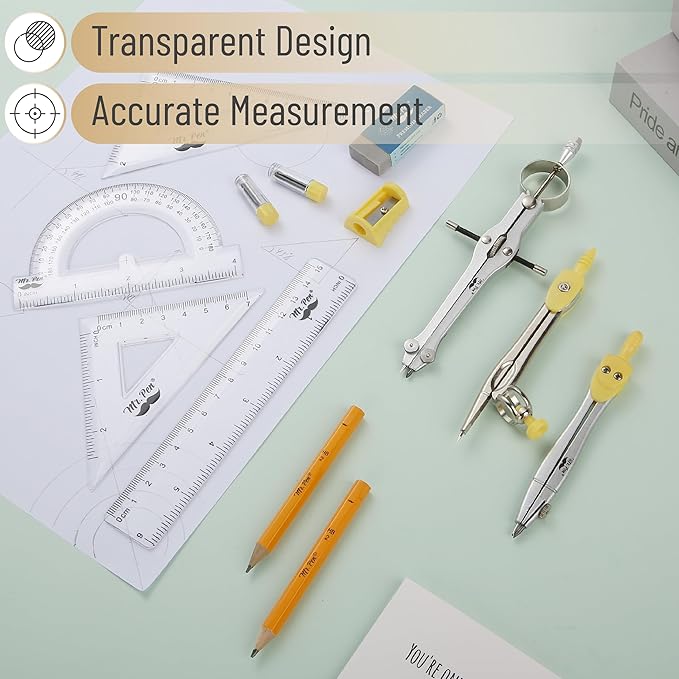 Mr. Pen- Geometry Set, 13 pcs, 3 Metal Compasses, Protractor, 6" Ruler, 45° & 30°/60° Set Squares, Pencils, Lead Refills, Sharpener & Eraser for Math, Drafting & Classroom Use