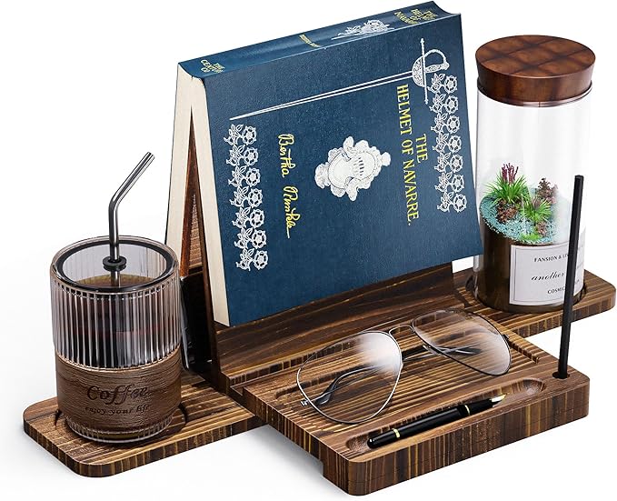 Triangle Book Holder Stand, Wooden Book Nook Reading Valet, Book Rest with Cup, Glasses & Pen Holder, YITOBA Book Display Stand for Reading in Bed, Coffee and Book Lovers (Brown)