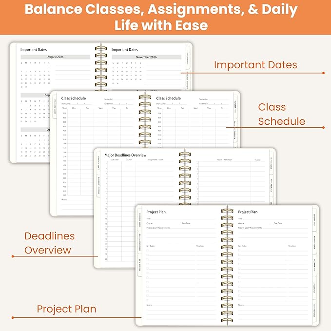Academic Planner Aug 2026-Jul 2027, A5 Size, Student Planner with Monthly & Weekly Layout, Spiral Planner with Tabs, Class Schedule, Major Deadlines & Project Planning (Cream White)