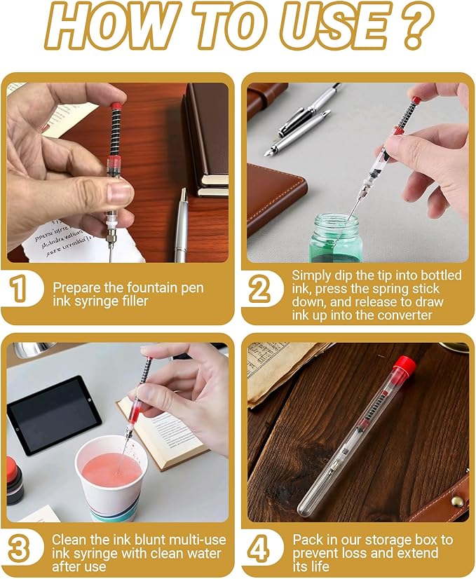 6-Pack Fountain Pen Ink Syringe with Spring-Loaded Plunger & Removable for Refilling Cartridges, Cleaning, Gluing, Extracting Perfume and More, Includes 2 Storage
