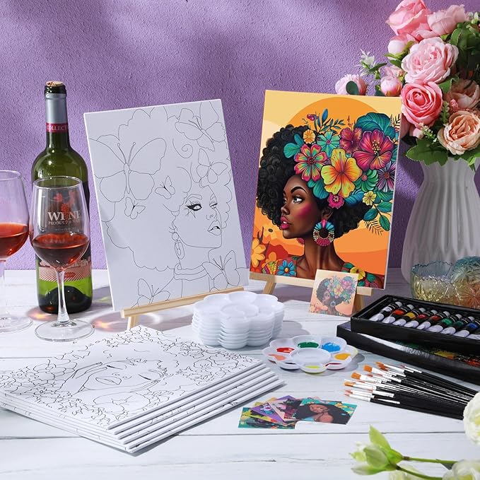 Cholemy 36 Pcs Paint and Sip Kit for Adults 8''x10'' Pre Drawn Canvas for Painting DIY Afro Acrylic Painting Kit Wood Easel Brushes Date Night Bulk for Father's Day Party Gifts(Flowers Woman)