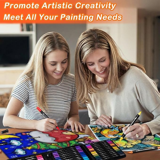 TANMIT 60 Colors Dual Tip Acrylic Paint Markers, Paint Pens Set with Brush Tip and Fine Tip For Fabric, Rock, Wood, Glass, Eggs, Scrapbook, DIY Crafts Making Art Supplies - Teacher Appreciation Gift