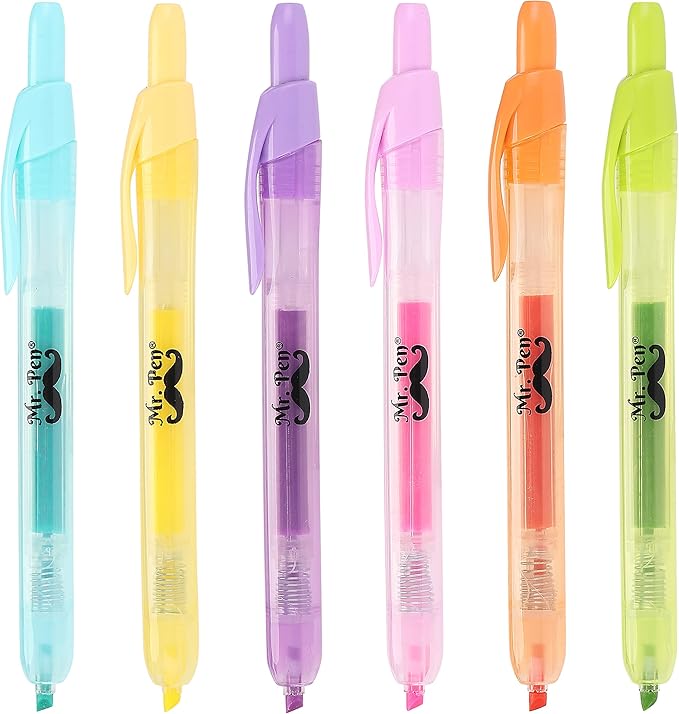 Mr. Pen- Retractable Highlighters, 6 Pack, Pastel Colors, Chisel Tip Highlighter Marker Set, Click Highlighter Markers for Classroom, Journaling, Study Supplies, No Bleed On Standard Pages