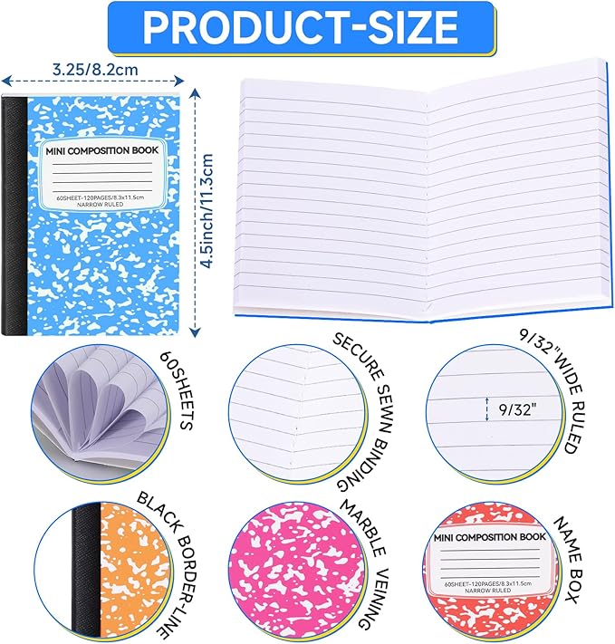 48 Pack Mini Composition Notebooks Bulk 12 Color 4.5" x 3.25" College Ruled Half Composition Notebook Narrow Ruled Small Pocket Marble Journal 60 Sheets for Students Office School Supplies