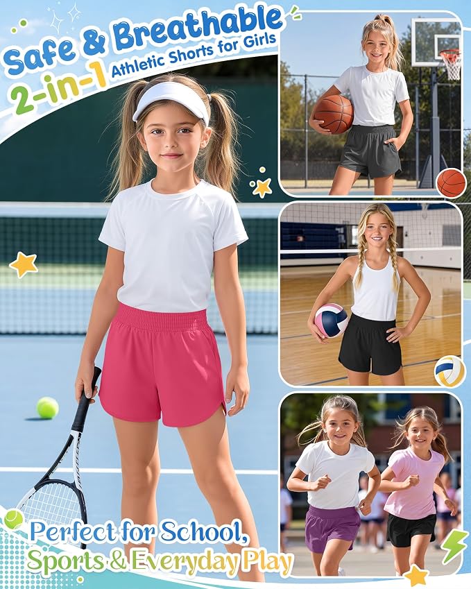 4 Pack Girls Athletic Shorts 2 in 1 Quick Dry High Waist Tween Shorts with Liner Kids Back to School Running Shorts