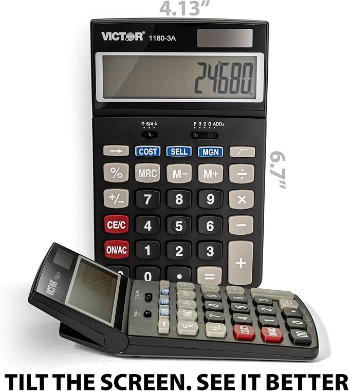 Victor 1180-3A 12-Digit Standard Function Calculator, Battery and Solar Hybrid Powered Adjustable Angle LCD Display, Great For Home and Office Desks, Black