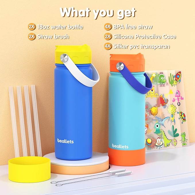 18oz Kids Insulated Water Bottle, 2 Pack Straw Cup | DIY Stickers, BPA-Free, 316 Stainless Steel, Silicone Boot, Keeps Cold 24h, Leak-proof, School, Sports