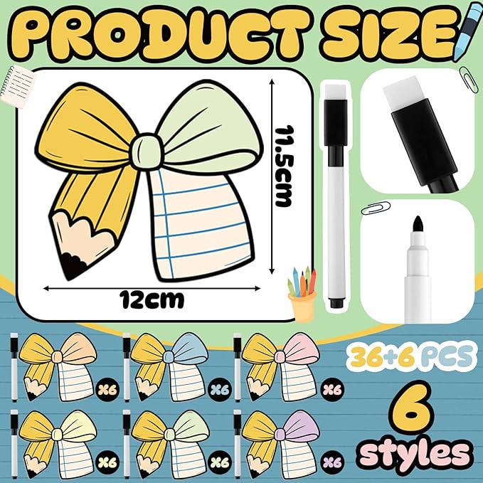Crtiin 42 Pcs Back to School Bow Magnetic Name Tags Set for Lockers 4 Inch Pencil Notebook Design Bow Dry Erase Labels Magnetic Reusable Name Tags for First Day of School Whiteboard Classroom Decor