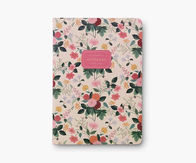 RIFLE PAPER CO. Dahlia Stitched Notebook Set, Assorted Set of 3 Notebooks, 64 Ruled Pages including Gold Ink, Full Color Canvas Cover with White Text Paper Interior, Lay-Flat Binding