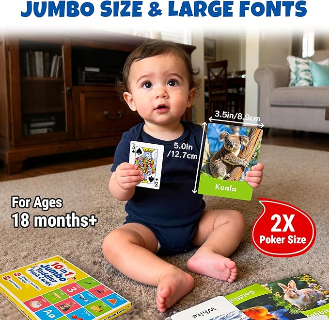 rokt&razo 96 Jumbo Toddler Flash Cards, 10 Topics, 176 Real Images | Alphabet, Numbers, Colors, Shapes & Daily Objects, Fruits - Learning Activities for Ages 1-3, Preschool Educational Tool