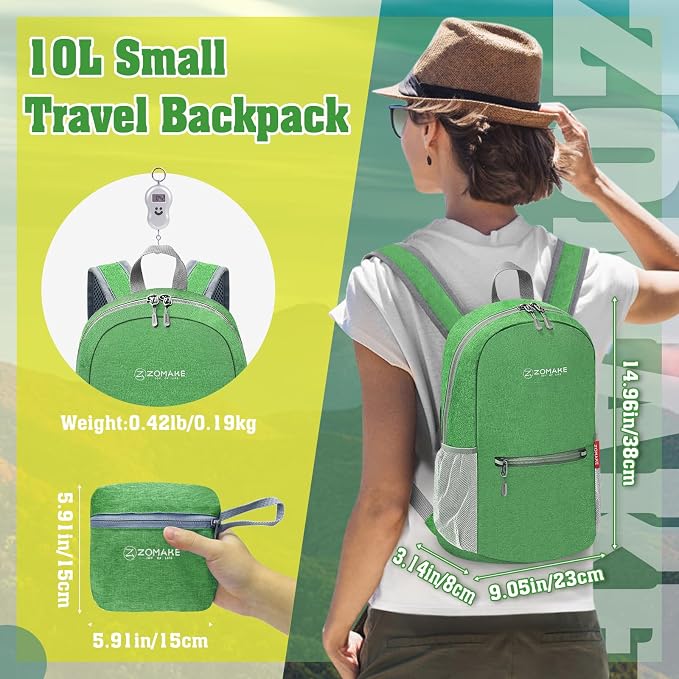 ZOMAKE Lightweight Packable Backpack, 10L Small Foldable Daypack for Hiking | Water Resistant Collapsible Backpacks for Women Men, Everyday Carry,Multi Compartment Storage,Adjustable Strap(Dark Green A5)