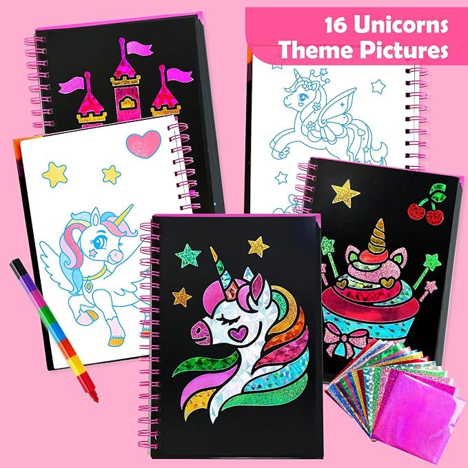 FUNNYB&G Foil Art Craft Kit for Girls 4-10 Years Old: Mess-Free & No-Glue, Create 16 Sparkly Unicorns Pictures – Perfect Travel Toy & Birthday Gift for Kids（Unicorns）