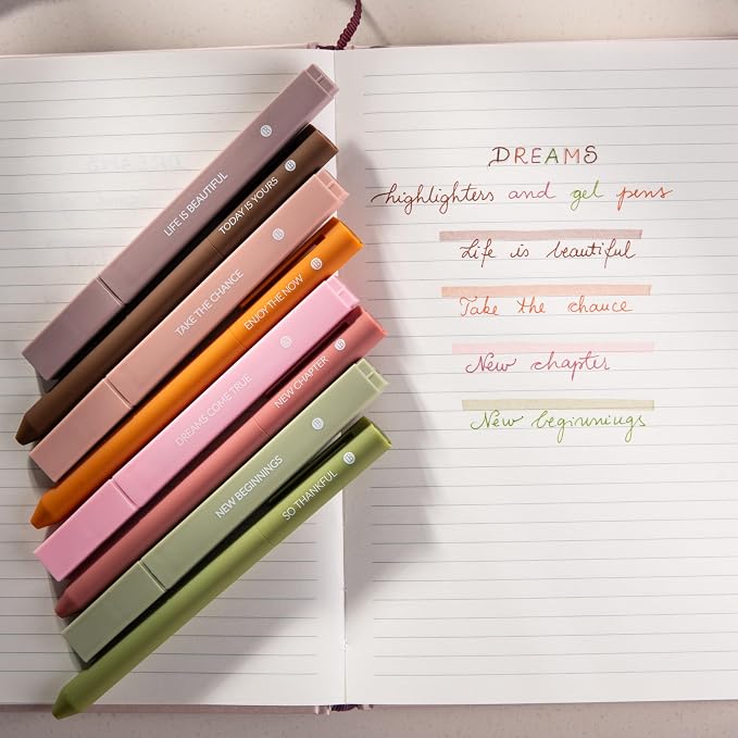 DIVERSEBEE Aesthetic Highlighters and Gel Pens, No Bleed (Dreams) | 8 Pack Earthy Bible Highlighters, Assorted Colors Cute Journaling Pens, Bible Study Supplies, Bible Markers
