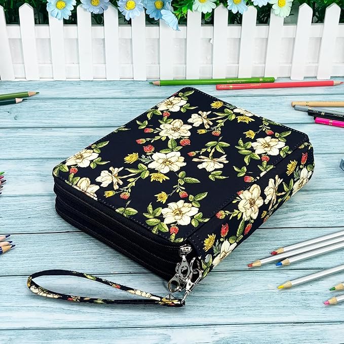 YOUNGCOL 120 Slots Colored Pencil Case Color Pencil Organizer Storage Large Capacity Pencil Case (Black + Retro Flower)