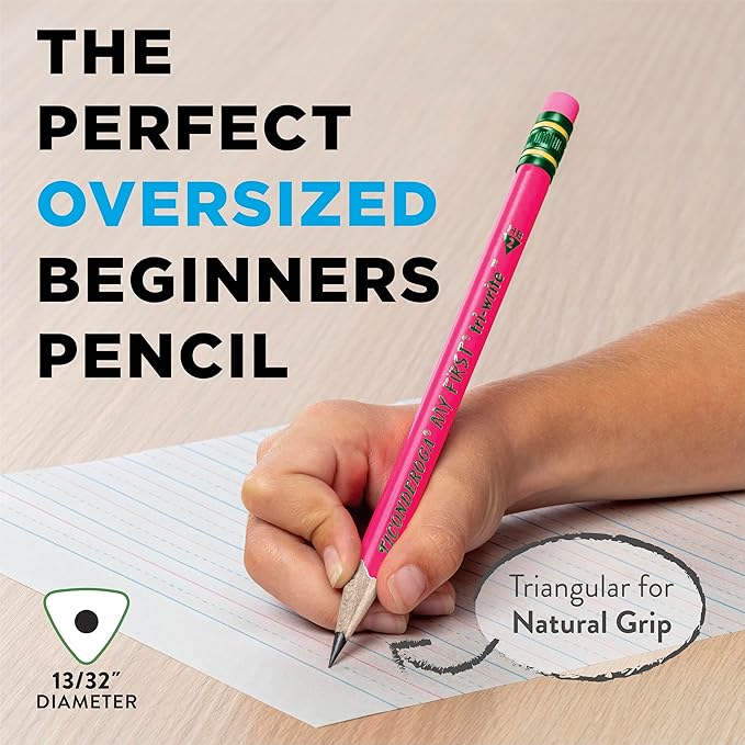 Ticonderoga My First Tri-Write Wood-Cased Pencils, Pre-Sharpened, 2 HB, With Erasers, Neon Colors, 12 Count
