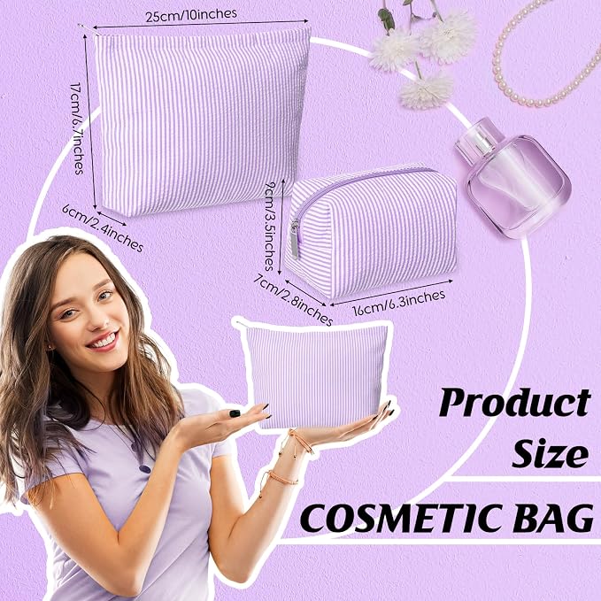 Huhumy 2 Pcs Makeup Bag Set for Women, Purple, Thin Striped Seersucker | Cute Cosmetic Pouch Women Travel Toiletry Bag Preppy Small Makeup Purse Pouch Aesthetic Skincare Brushes Storage Organizer