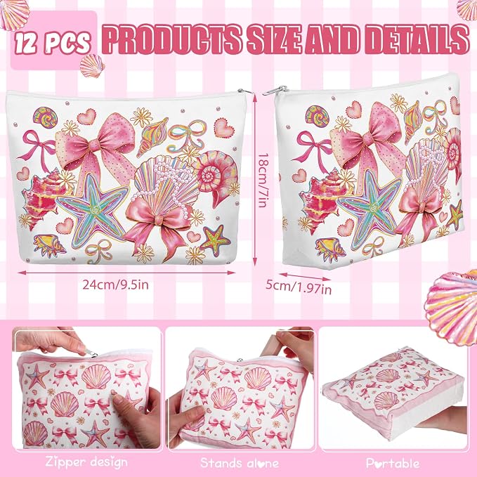 Reginary 12 Pcs Pink Bow Makeup Bags Coquette Scalloped Cosmetic Bags with Zippers Coquette Party Favors Pink Aesthetic Pouch Bulk Gifts for Women Stuff Summer Beach Birthday Supplies Travel Accessory