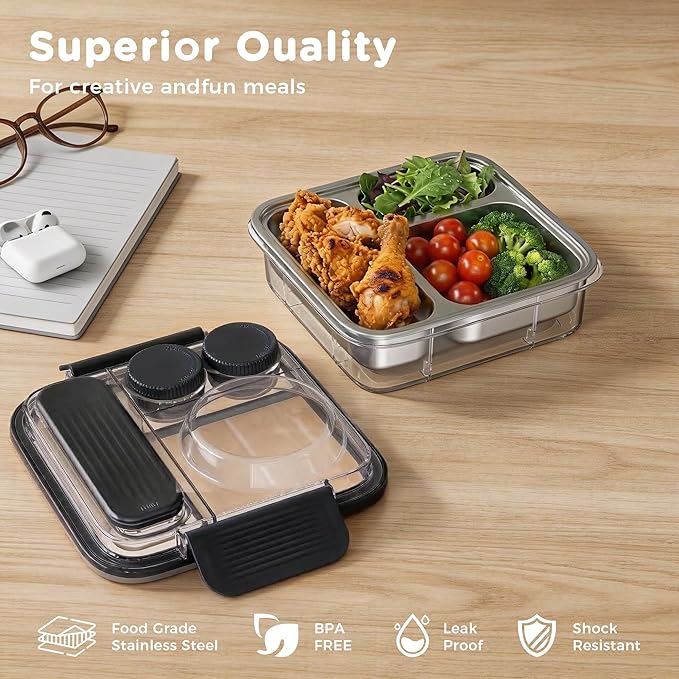 Stainless Steel Bento Lunch Box for Kids Adults with 8oz Insulated Food Jar,Ice Pack,Leak-proof,Dishwasher-Safe,Transparent Lid with Sauce Cup and Cutlery Storage for School & Travel,BPA-Free(Black)