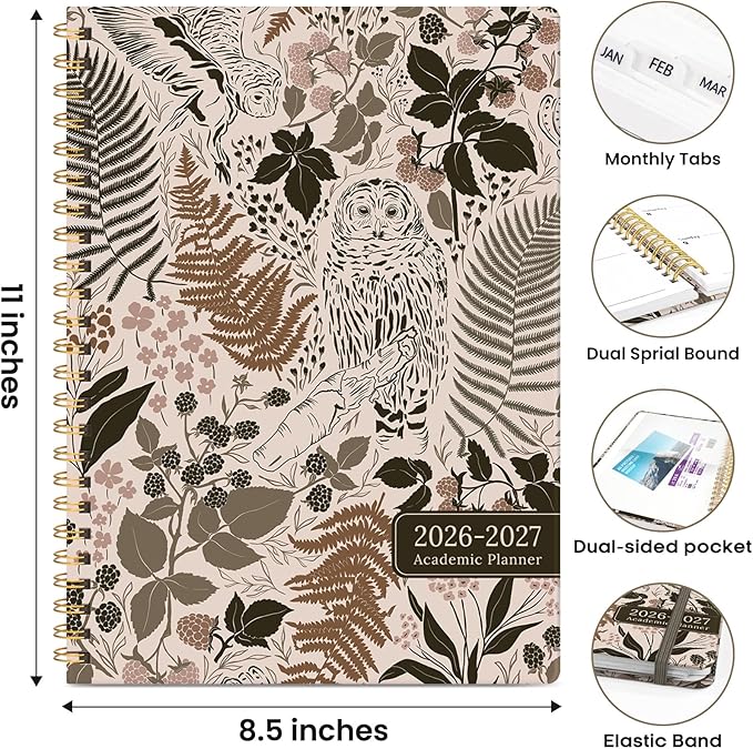 Academic Planner 2026-2027, Weekly and Monthly Calendar Book, July 2026 – June 2027, Hardcover Planner with Tabs, Perfect for Teachers, Students, Women & Men, A4 (8.5" x 11") - Owl