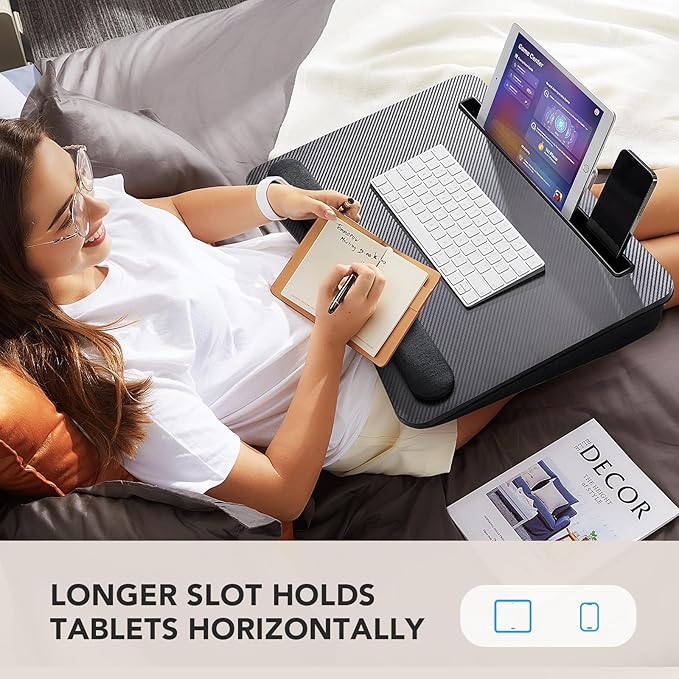 HUANUO Laptop Lap Desk - Portable Lap Desk with Pillow Cushion, Fits up to 17 inch Laptop, with Anti-Slip Strip & Storage Function for Home Office Students Use as Computer Laptop Stand- Black