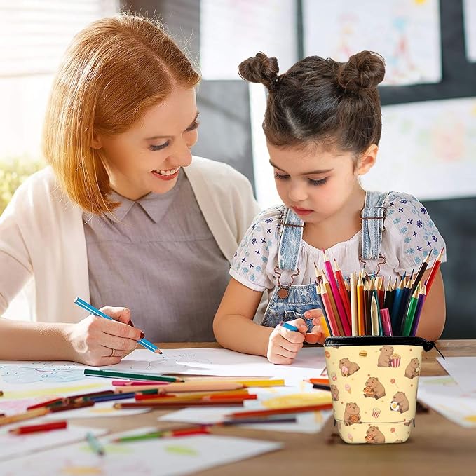 Yellow Cute Animals Kids Standing Pencil Case Girls Boys Telescopic Stationary Pouch with Zipper Large Capacity Stand up Pen Bag Portable Makeup Holder for Children School Students