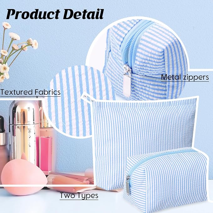 Huhumy 2 Pcs Makeup Bag Set for Women, Blue,Thin Striped Seersucker | Cute Cosmetic Pouch Women Travel Toiletry Bag Preppy Small Makeup Purse Pouch Aesthetic Skincare Brushes Storage Organizer