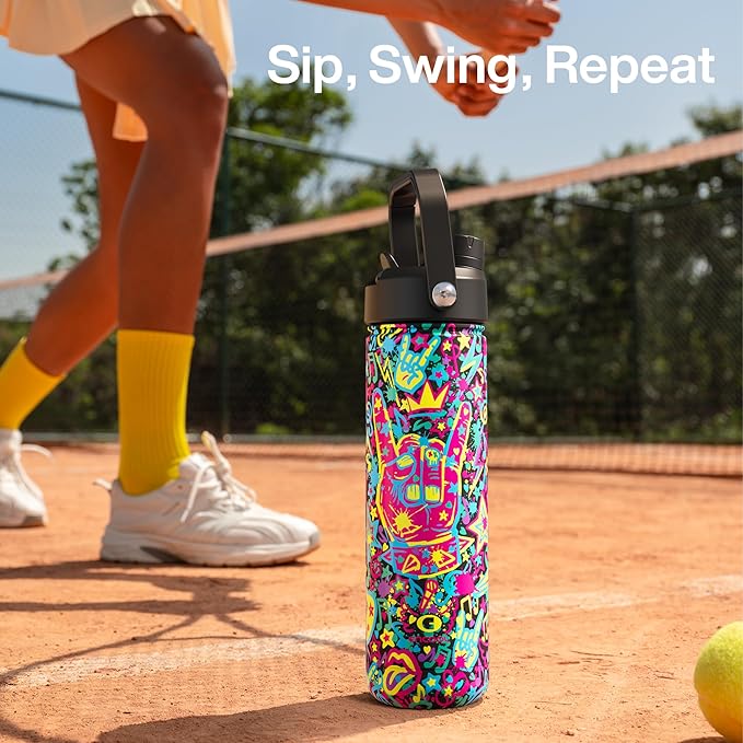 ENCOOL Insulated Water Bottle with Straw Stainless Steel Water Bottle, Leak-Proof, BPA-Free, Double Wall Vacuum Keeps Cold for 24 Hours for Sports, Travel, School (26 oz, Graffiti Crown)