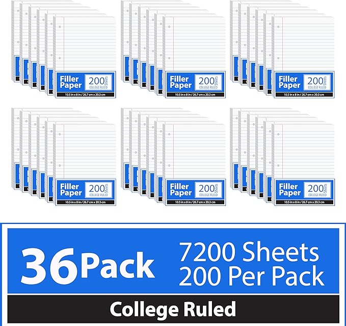 Loose Leaf Paper College Ruled Notebook Paper College Ruled Lined Writing Filler Paper 10.5” x 8” 7200 Sheets 200 Sheets Per Pack 60 gsm (36 Pack)