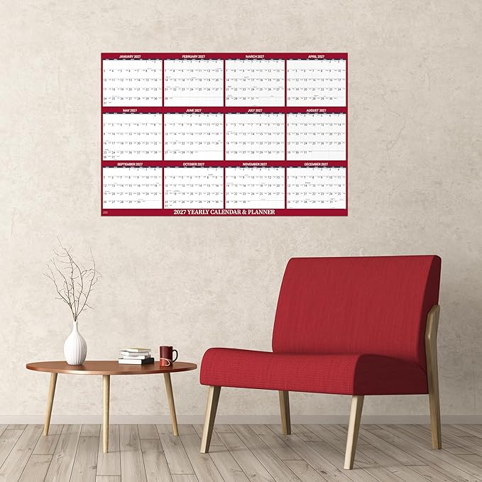 2027 Dry Erase Calendar for Wall - Dry Erase Wall Calendar 2027, Jan. 2027 - Dec. 2027, 34.6" x 22.9", Yearly Wall Calendar 2027, Wet & Dry Erase Laminated, Vertical/Horizontal, Reversible - Red