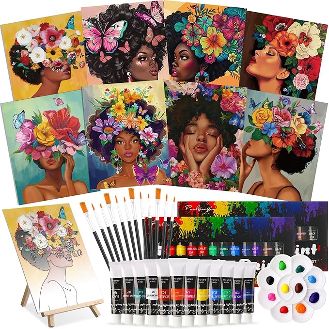Cholemy 36 Pcs Paint and Sip Kit for Adults 8''x10'' Pre Drawn Canvas for Painting DIY Afro Acrylic Painting Kit Wood Easel Brushes Date Night Bulk for Father's Day Party Gifts(Flower Lady)