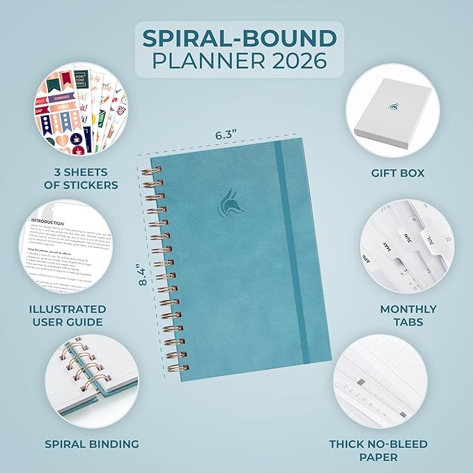 Clever Fox Dated Planner with Tabs 2026 – Weekly & Monthly Spiral Planner with Habit Tracker for Goal Setting & Time Management (Aquamarine)