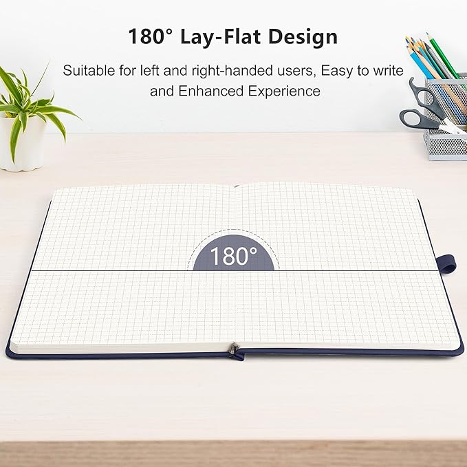 RETTACY Graph Grid Paper Notebook, 2-Pack, 192 Pages per Pack, A5 Medium Size (5.7'' x 8.3''), Leather Hardcover, 100 GSM Thick Paper, for School, Students, Math, Engineering (Black & Navy Blue)