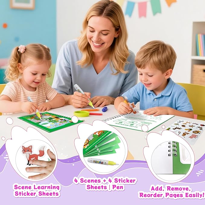 Reusable Water Coloring Books for Toddlers 1-3 with 18+ Stickers & No-Mess Pen, Animal Theme Water Coloring Books for Toddlers 1-3, Magic Paintless Painting Book for Toddler, Paintless Painting Book