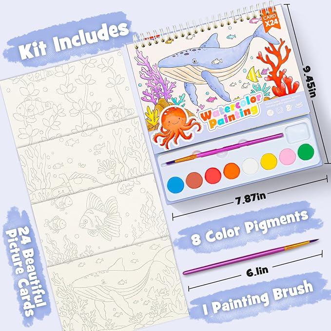 JCREN Paint with Water Books for Kids, Watercolor Coloring Book Mess Free Watercolor Painting Set, Arts and Crafts Water Color Paint Kit Birthday Gifts for Kids Toddlers 3-5 Boys Girls(Sea)