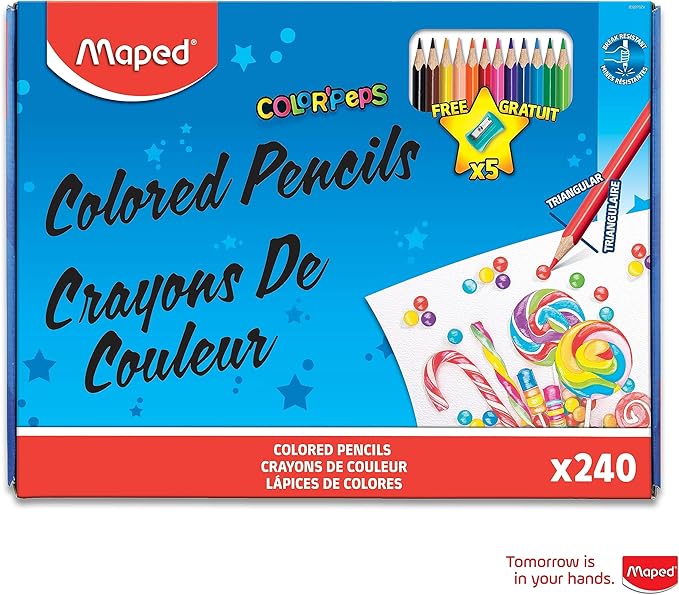 Maped - Color'Peps Triangular Colored Pencils School Pack 240 Pack + 5 FREE Pencil Sharpeners - Creating Vibrant Art - Vibrant Color Variety