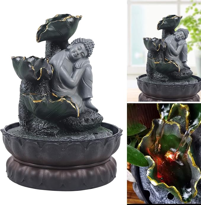 Indoor Fountain Rockery Tabletop Fountain with Buddha Water Feature | Meditation Desktop Fountains for Home Office Decor or Giving 8.1'' x 8.1'' x 11'' with LED Light