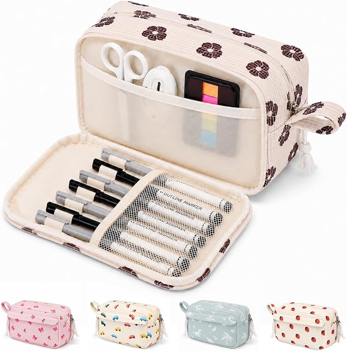 Big Capacity Pencil case,Soft Corduroy Pencil Bag with 3 Compartment,Pencil Pouch School Supplies Cute Pencil Box Pencil Bag for Teen Girls Boys College (Brown Floral)