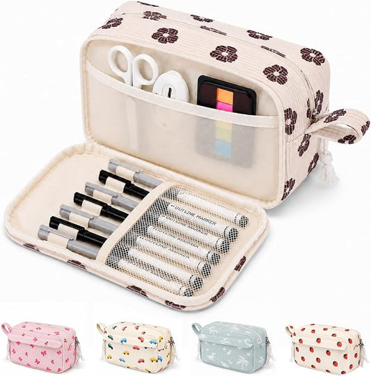Big Capacity Pencil case,Soft Corduroy Pencil Bag with 3 Compartment,Pencil Pouch School Supplies Cute Pencil Box Pencil Bag for Teen Girls Boys College (Brown Floral)