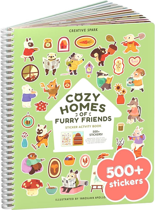 Cozy Homes of Furry Friends 500+ Sticker Book by Cupkin Fun Toddler Calendar Activity Coloring + Sticker Book, Road Trip Essentials, 12 Coloring Pages + Scenes for Ages 2–8 Years