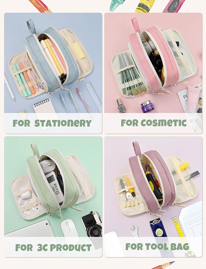 SUNEE Cute Pencil Case, Aesthetic Pen Pouch with 3 Compartments, Kawaii Colored Large Pencil Bag with Zipper, Stationery Storage and Organizer, Green School Supplies for Teen and Adult Girls