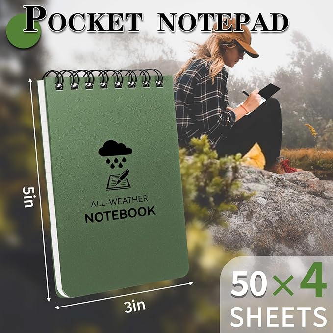 COIDEA Waterproof Notebook, 4 Pack Top-Spiral Pocket Notepad, 3" x 5" Weatherproof NotePad, Police Pocket Notebook Memo Steno Note Pads for Outdoor Office School Recording, Army Green