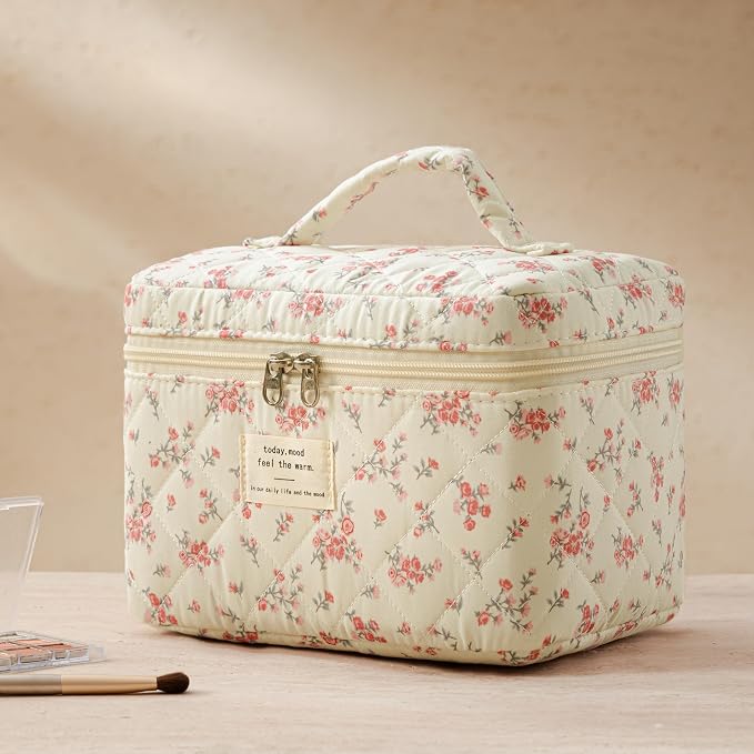 HBselect Quilted Makeup Bag, 3Pcs Cotton Large Travel Makeup Bags Organizer | Cute Floral Make up Bag Cosmetic Bag Toiletry Bag for Women Girls, Makeup Pouch for Skincare, Brushes & Travel Essentials