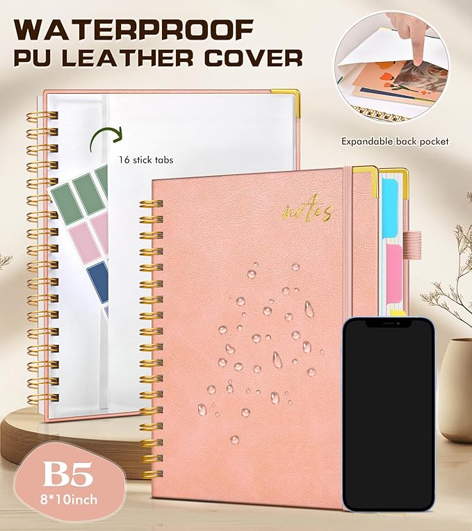 5 Subject Spiral Notebook Journal with Removable Dividers Tabs, 300 Pages Organizer Notebooks for Work School, 8"x10" Hardcover Leather Notebook College Ruled, Large Lined Journal for Women Men,Pink
