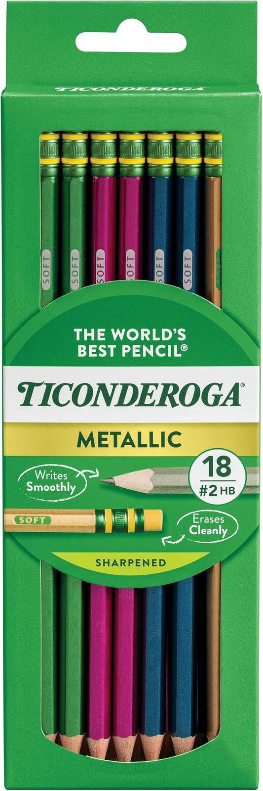 Ticonderoga Wooden Pencils, Pre-Sharpened, #2 HB Soft, Metallic Colors, 18 Count