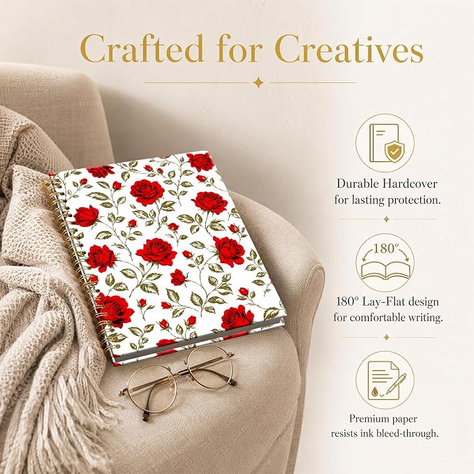 ATJFKIXL Cute Spiral Journal Notebook, A5 120 Page College Ruled Wirebound Notebook, Soft Cover for Students Office Notes and Planning - Red Rose Floral