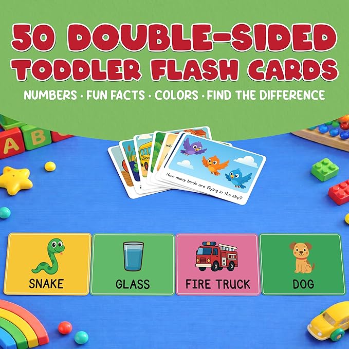 Toddler Flash Cards - 50 Big Font, 500 GSM Wipe-Clean Learning Flash Cards for Toddlers 1-3 & Ages 3-5 - Numbers, Colors, Find-the-Difference & Fun Questions - Preschool Educational Gift